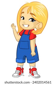 Cute cartoon little girl. Vector 
illustration of a teenager wearing jeans jumpsuit.