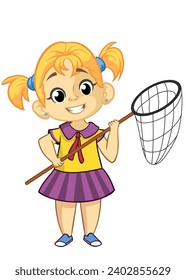 Cute cartoon little girl. Vector 
illustration of a teenager with butterfly net in her hands.