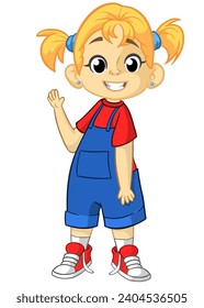 Cute cartoon little girl. Vector 
illustration of a teenager wearing jeans jumpsuit.