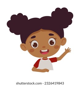 Cute cartoon little girl waving his hand. Little schoolgirl character. Template for children design. Vector illustration.