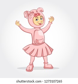 cute cartoon little girl wearing a piggy costume isolated on white background