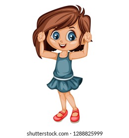 Cute Cartoon Little Girl Wearing Blue Dress Isolated on White Background. Beautiful Young Happy Kid