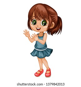 Cute Cartoon Little Girl  Wearing Blue Dress Isolated On White Background. Beautiful Young Female Kid Clapping