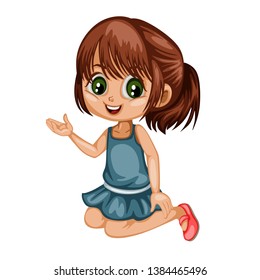 Cute Cartoon Little Girl  Wearing Blue Dress Isolated on White Background. Beautiful Young Female Kid Sitting on Her Knees