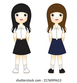 Cute cartoon little girl wearing a student uniform
