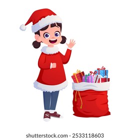 Cute Cartoon Little Girl Wearing Santa Claus Costume Vector Illustration
