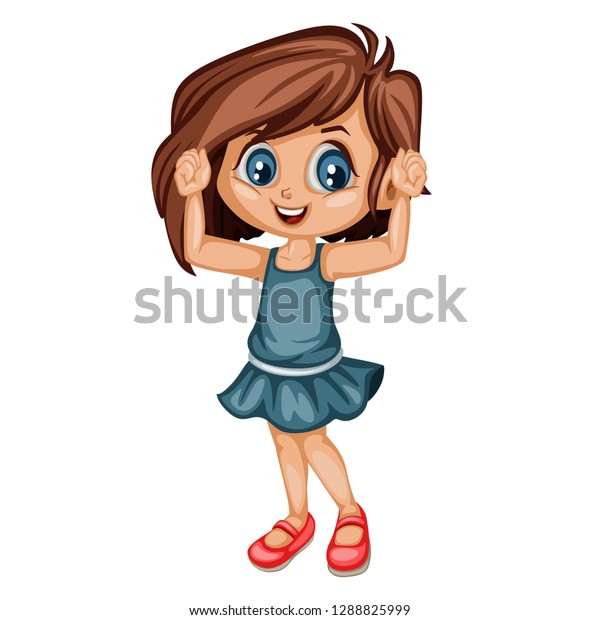 Cute Cartoon Little Girl Wearing Blue Stock Vector (Royalty Free ...