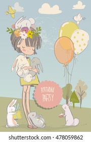 cute cartoon little girl with white hares