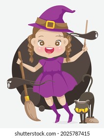 Cute cartoon little girl in witch costume holding a beautiful magic stick for trick or treat in halloween party.