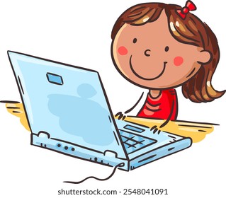 Cute cartoon little girl working and studying using nootbook. Doodle kid using digital technology, child and electronic devices. Isolated character, vector illustration