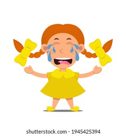Cute cartoon little girl in yellow dress with freckles and red hair with bows. Kid character isolated on white background. Cry children with tears. Vector illustration