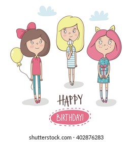 Cute cartoon little girls. Happy Birthday card