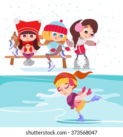 Cute cartoon little girls on ice rink. Figure skating for kids. Vector illustration