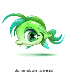 Cute cartoon little green girl fish character, isolated on white, beautiful vector girlish illustration