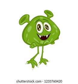 Cute Cartoon Little Green Monster Isolated on White Background. Funny Virus, Bacteria Character Illustration