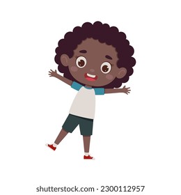 Cute cartoon little happy african girl. Little schoolgirl character show facial expression. Vector illustration.