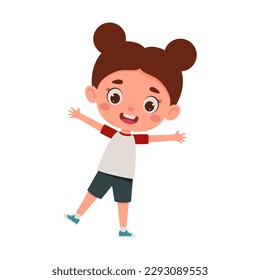 Cute cartoon little happy girl. Little schoolgirl character show facial expression. Vector illustration.