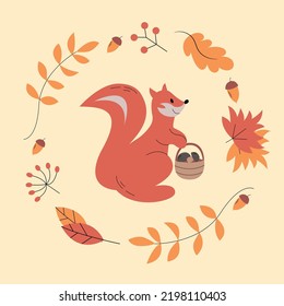 Cute cartoon little happy squirrel. Vector bright squirrel icon with falling autumn leaves and berries.