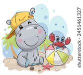 Cute Cartoon Little Hippo and crab on the beach