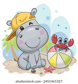 Cute Cartoon Little Hippo and crab on the beach