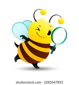 cute cartoon little honey bee looking for items with a magnifying glass on white background. funny bee in search. vector cartoon character illustration.