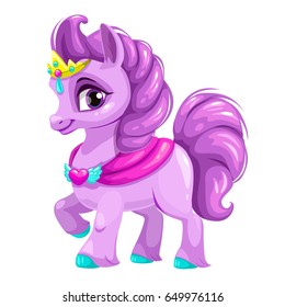 Cute Cartoon Little Horse Princess. Vector Pony Girl Icon. Isolated On White Background.