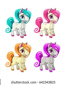 Cute cartoon little horses. Pony icons set. Vector illustration, isolated on white background.