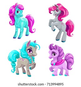 Cute Cartoon Little Horses Set. Isolated Vector Pony Icons