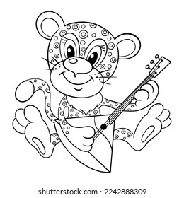 Cute cartoon little jaguar with balalaika. Outline vector image of a jaguar or leopard cub, isolated on white. Jaguar drawing for children's coloring. Baby leopard plays the balalaika.