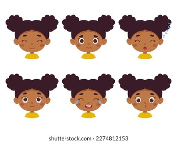 Cute cartoon little kid african girl in various expressions and gesture. Cartoon child character showing different emotions. Vector illustration.