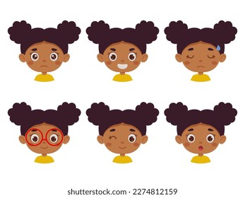 Cute cartoon little kid african girl in various expressions and gesture. Cartoon child character showing different emotions. Vector illustration.