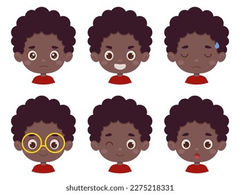 Cute cartoon little kid african boy in various expressions and gesture. Cartoon child character showing different emotions. Vector illustration.