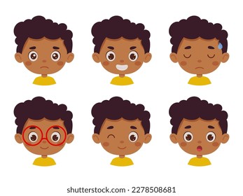 Cute cartoon little kid black boy in various expressions and gesture. Cartoon child character showing different emotions. Vector illustration.