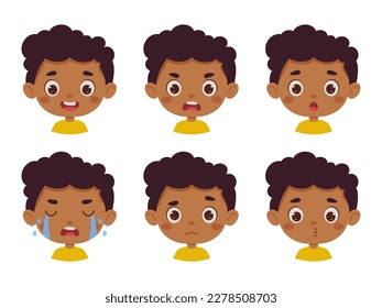 Caricatura educada niño pequeño y negro en diversas expresiones y gestos. Caricatura infantil que muestra diferentes emociones. Ilustración vectorial.