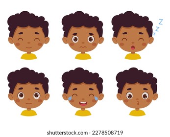 Cute cartoon little kid black boy in various expressions and gesture. Cartoon child character showing different emotions. Vector illustration.