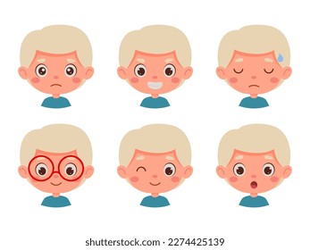 Cute cartoon little kid blond boy in various expressions and gesture. Cartoon child character showing different emotions. Vector illustration.