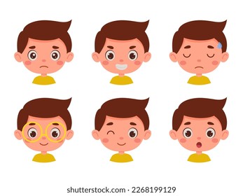 Pequeño niño de dibujos animados en diversas expresiones y gestos. Caricatura infantil que muestra diferentes emociones. Ilustración vectorial.