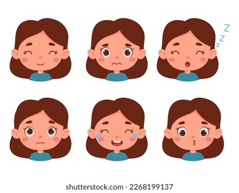 Pequeña niña de dibujos animados en diversas expresiones y gestos. Caricatura infantil que muestra diferentes emociones. Ilustración vectorial.