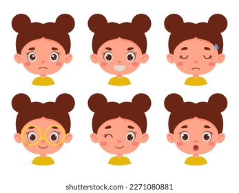 Pequeña niña de dibujos animados en diversas expresiones y gestos. Caricatura infantil que muestra diferentes emociones. Ilustración vectorial.