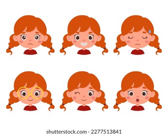 Cute cartoon little kid girl with red hair in various expressions and gesture. Cartoon child character showing different emotions. Vector illustration.