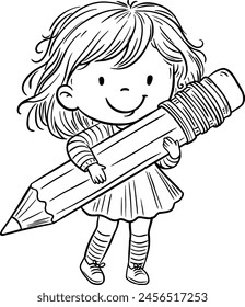 Cute cartoon little kid holding pencil. Preschool girl with pencil. Isolated outline illustration