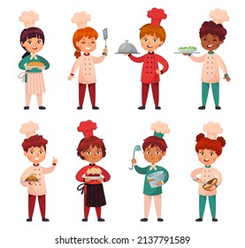 Cute cartoon little kids chefs in cook uniform with hats. Children boys and girls preparing meal, holding dishes, bread, cake and salad. Happy kids cooking vector set