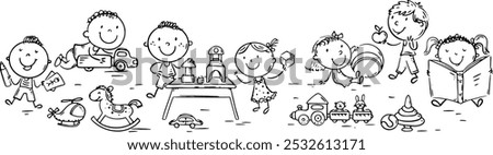 Cute cartoon little kids playing with toys, indoor activity, kids clipart. Outline kindergarten children, coloring page