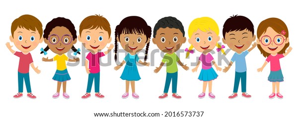 Cute Cartoon Little Kids Stand Togetherillustrationvector Stock Vector ...