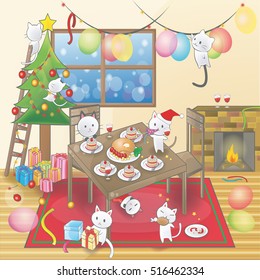 Cute cartoon of little kitten cats are celebrating a Christmas party. Christmas tree with ornament and cat activities in a decorated room with black space background for text (cartoon vector).
