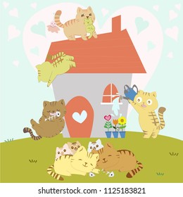 cute cartoon little kitty cat family and their sweet orange home on green hill.