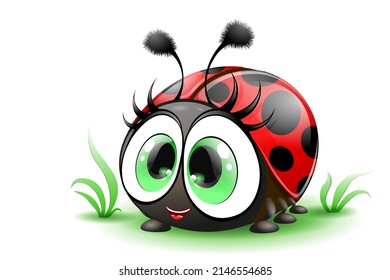 Cute cartoon little ladybug with big eyes. Isolated.