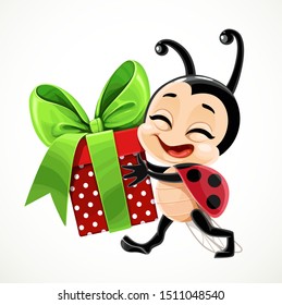 Cute cartoon little ladybug carries a gift in red box and with a green bow on white background