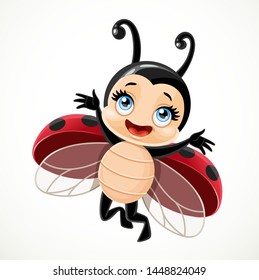 Cute cartoon little ladybug flying on a white background