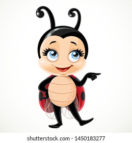 Cute cartoon little ladybug pointed aside and stand on a white background